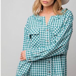 Easel Teal and White Checkered Blouse